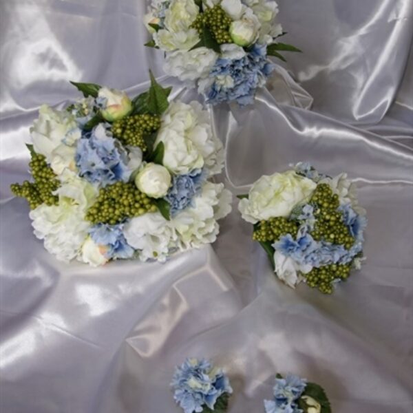 White Peony, Blue Hydrangea & Green Berry Wedding Bouquet