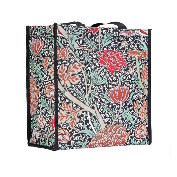 Tote bag from the women's William Morris The Cray tapestry collection of Signare.co.uk. This stylish shopping bag has a pair of full width pockets located on both sides of the shopper; one is fastened with a zip and the other with velcro for a stylish variation and easy access. Lined with a synthetic material on the inside and a zip pocket for belongings. Top of the bag is gusseted with the tapestry material and has zip fastening across the full width, with velcro fasteners for extra security. 2 grab handles for carriage. Reinforced base for extra support. Mesh pocket at one end of the bag; ideal storage for a water bottle or umbrella.