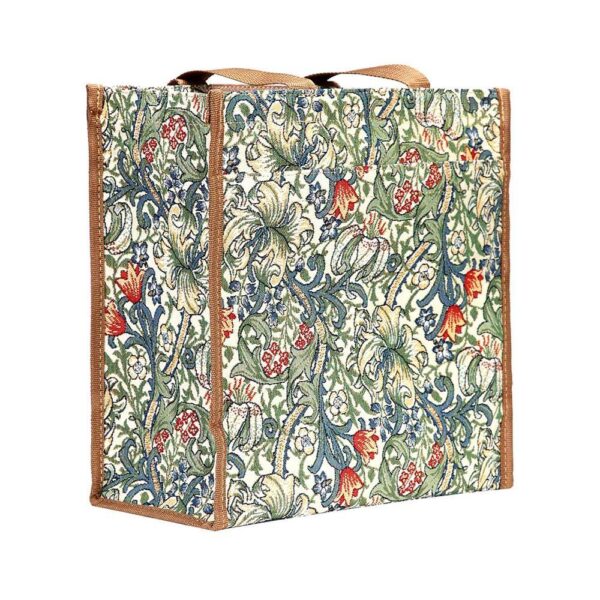 Tote bag from the women's William Morris Golden Lily tapestry collection of Signare.co.uk. This stylish shopping bag has a pair of full width pockets located on both sides of the shopper; one is fastened with a zip and the other with velcro for a stylish variation and easy access. Lined with a synthetic material on the inside and a zip pocket for belongings. Top of the bag is gusseted with the tapestry material and has zip fastening across the full width, with velcro fasteners for extra security. 2 grab handles for carriage. Reinforced base for extra support. Mesh pocket at one end of the bag; ideal storage for a water bottle or umbrella.